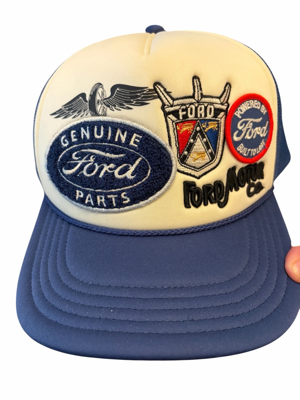 American Needle Blue and Cream Ford Patch Trucker Hat